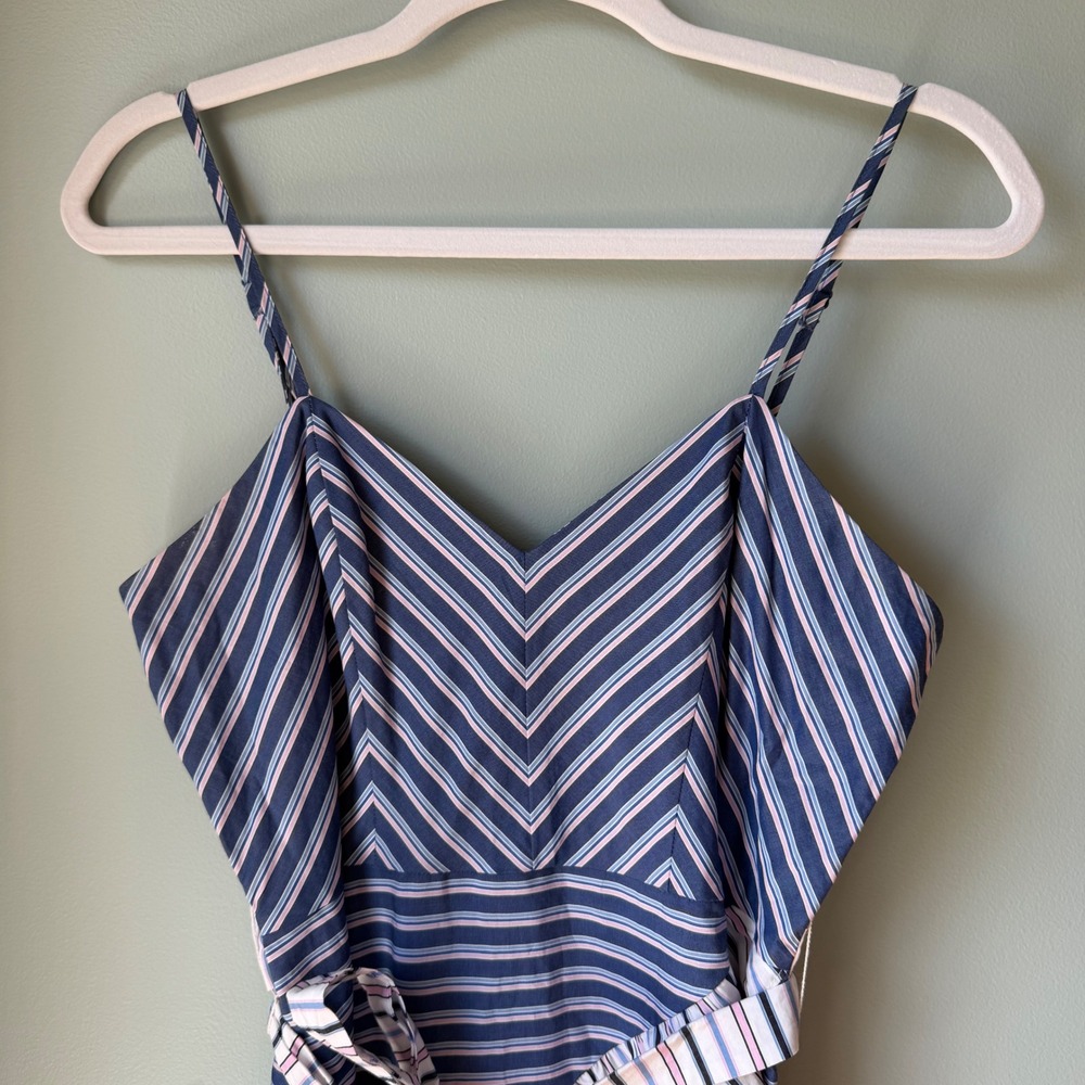 Parker Brooklyn Ruffle Mini Dress Blue Pink Stripe Belt Spaghetti Strap Size 4 - Picture 6 of 16